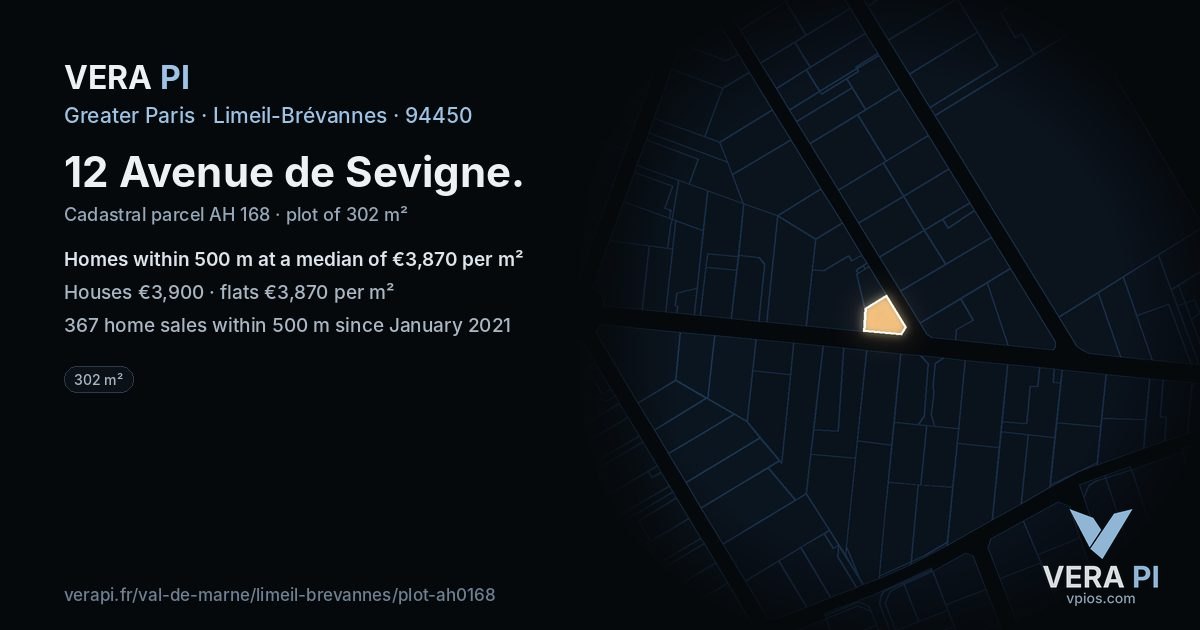 12 Avenue de Sevigne, Limeil-Brévannes at night – the plot lit, the parcels around coloured by the prices near them