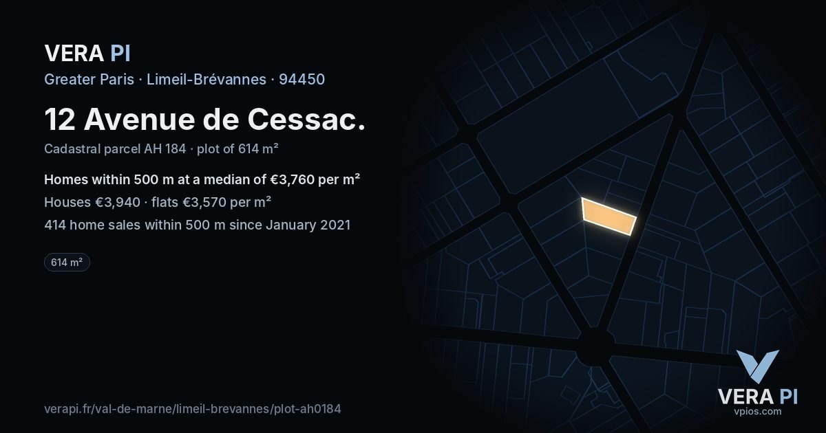 12 Avenue de Cessac, Limeil-Brévannes at night – the plot lit, the parcels around coloured by the prices near them