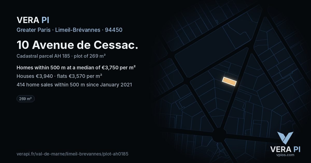 10 Avenue de Cessac, Limeil-Brévannes at night – the plot lit, the parcels around coloured by the prices near them