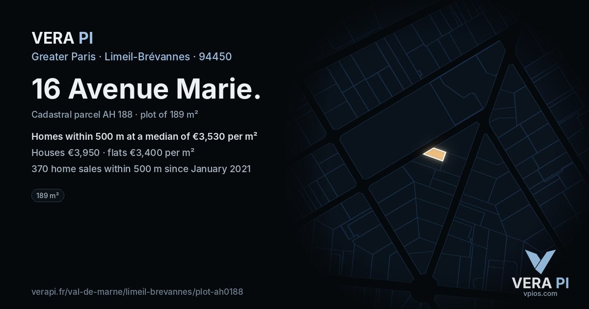 16 Avenue Marie, Limeil-Brévannes at night – the plot lit, the parcels around coloured by the prices near them