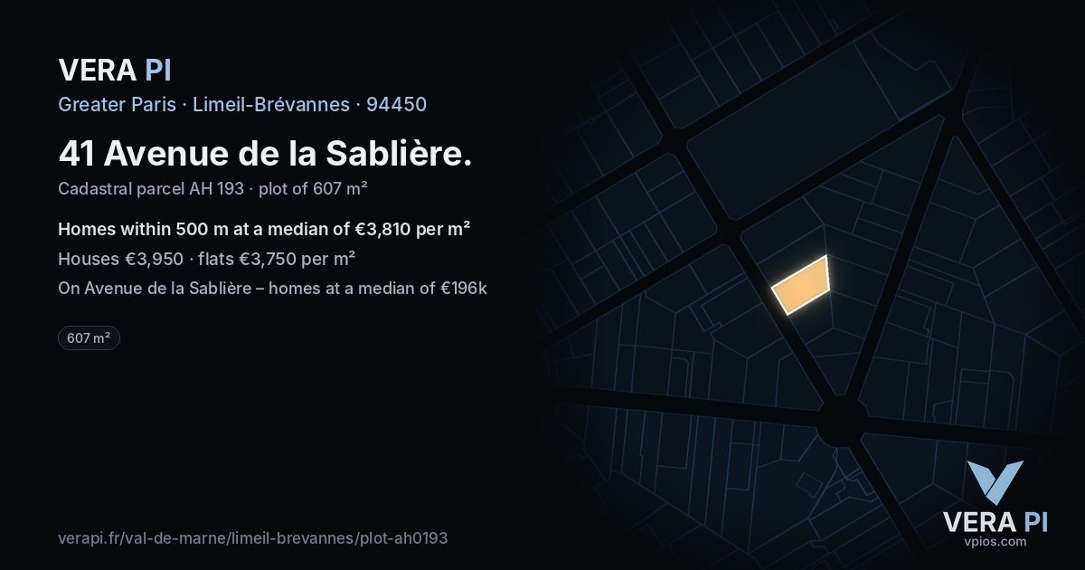 41 Avenue de la Sablière, Limeil-Brévannes at night – the plot lit, the parcels around coloured by the prices near them