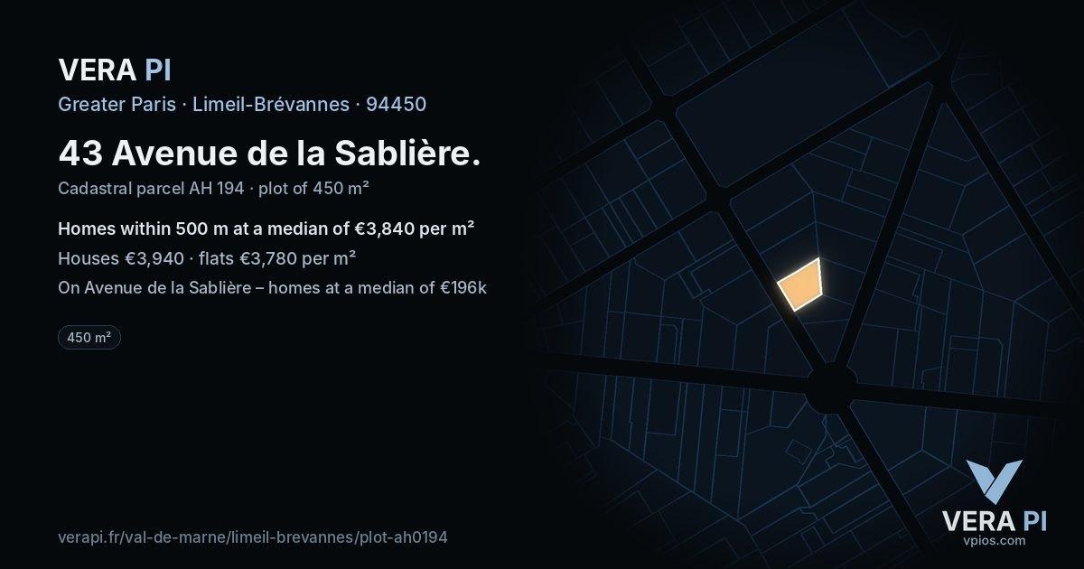 43 Avenue de la Sablière, Limeil-Brévannes at night – the plot lit, the parcels around coloured by the prices near them