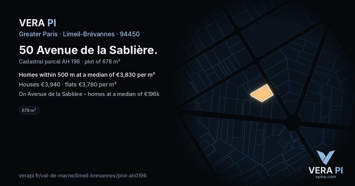 50 Avenue de la Sablière, Limeil-Brévannes at night – the plot lit, the parcels around coloured by the prices near them
