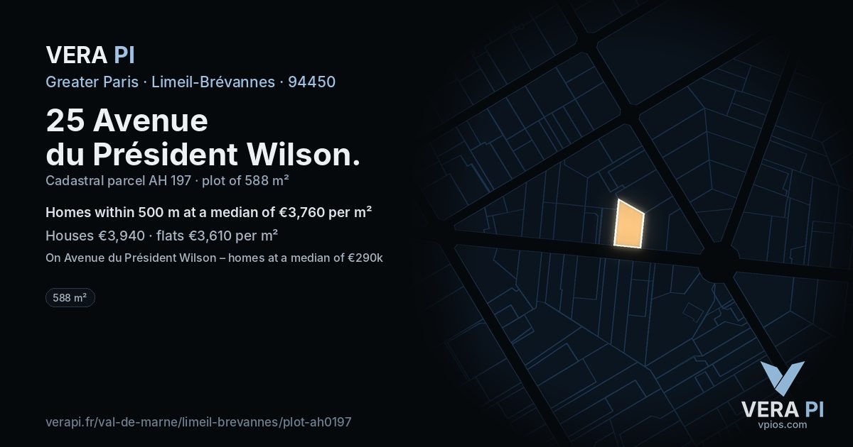 25 Avenue du Président Wilson, Limeil-Brévannes at night – the plot lit, the parcels around coloured by the prices near them