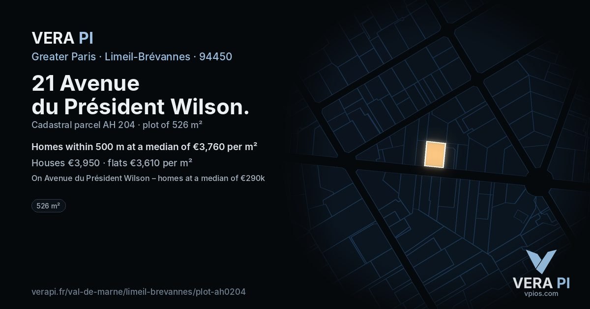 21 Avenue du Président Wilson, Limeil-Brévannes at night – the plot lit, the parcels around coloured by the prices near them
