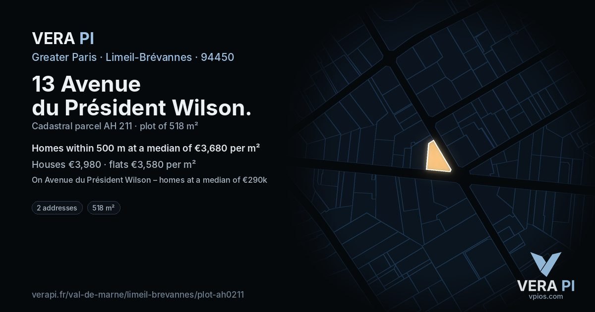 13 Avenue du Président Wilson, Limeil-Brévannes at night – the plot lit, the parcels around coloured by the prices near them