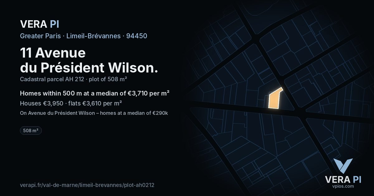 11 Avenue du Président Wilson, Limeil-Brévannes at night – the plot lit, the parcels around coloured by the prices near them