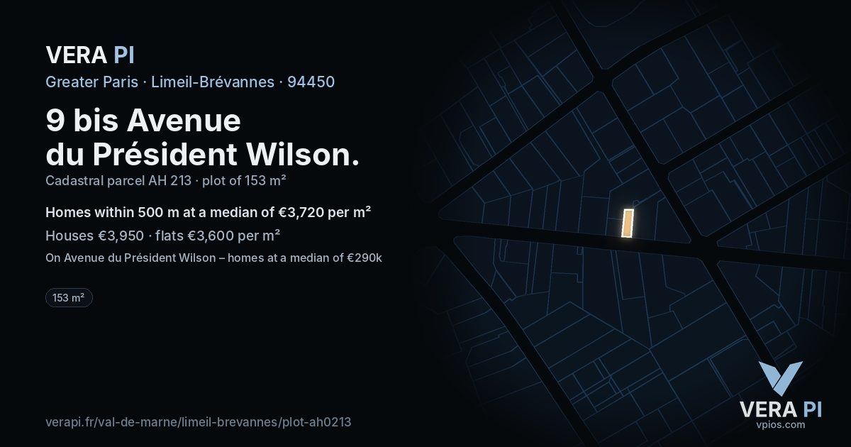9 bis Avenue du Président Wilson, Limeil-Brévannes at night – the plot lit, the parcels around coloured by the prices near them