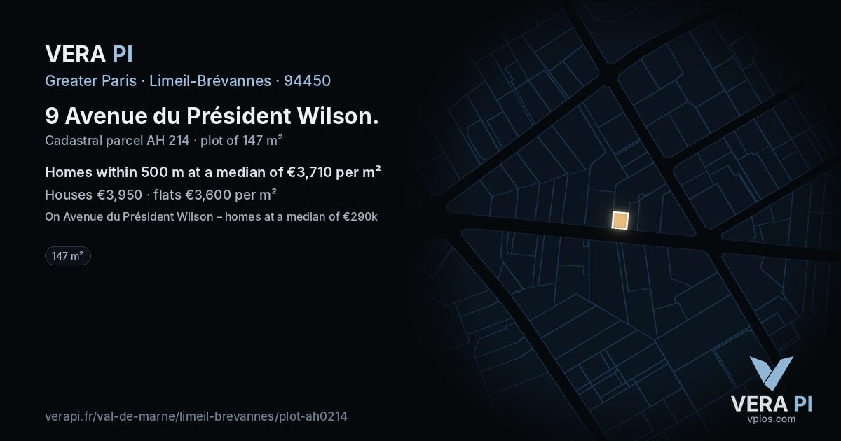 9 Avenue du Président Wilson, Limeil-Brévannes at night – the plot lit, the parcels around coloured by the prices near them