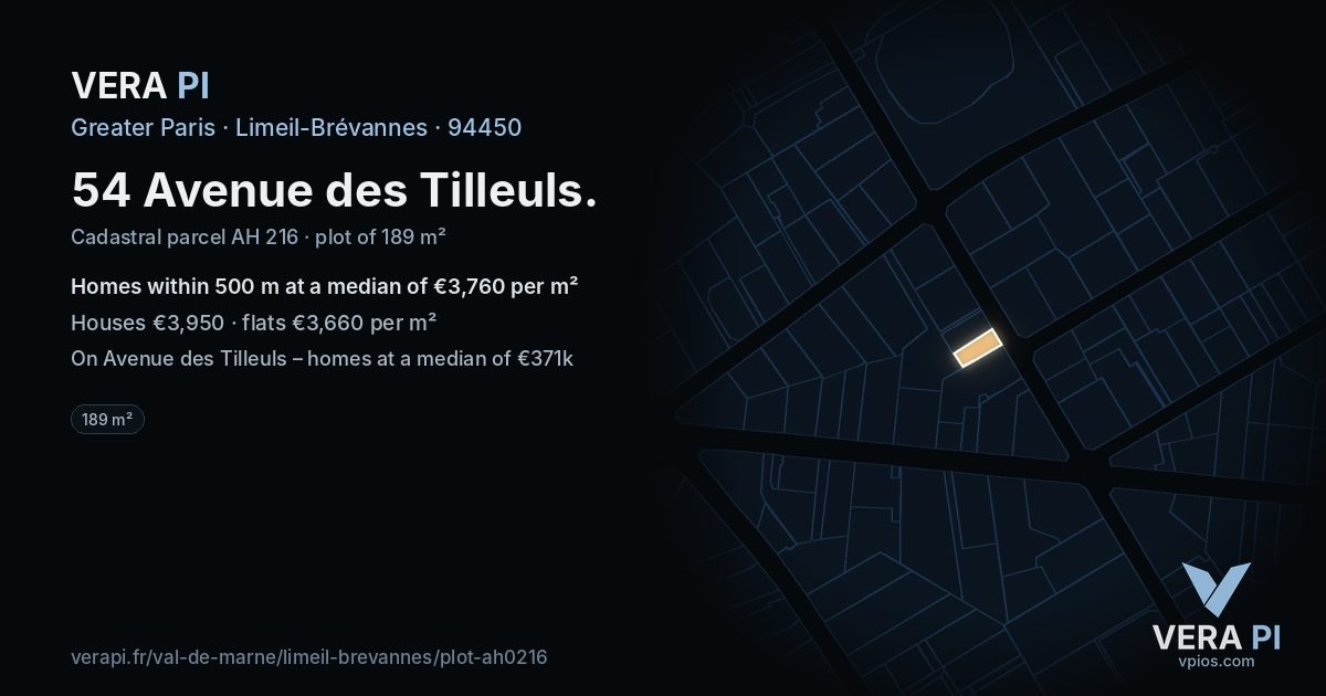 54 Avenue des Tilleuls, Limeil-Brévannes at night – the plot lit, the parcels around coloured by the prices near them