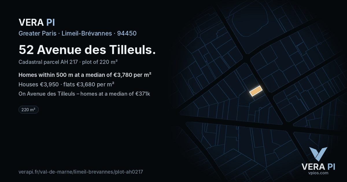 52 Avenue des Tilleuls, Limeil-Brévannes at night – the plot lit, the parcels around coloured by the prices near them