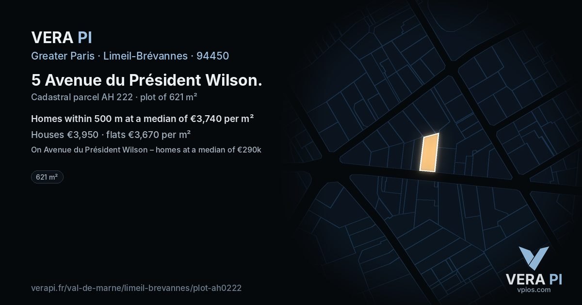 5 Avenue du Président Wilson, Limeil-Brévannes at night – the plot lit, the parcels around coloured by the prices near them
