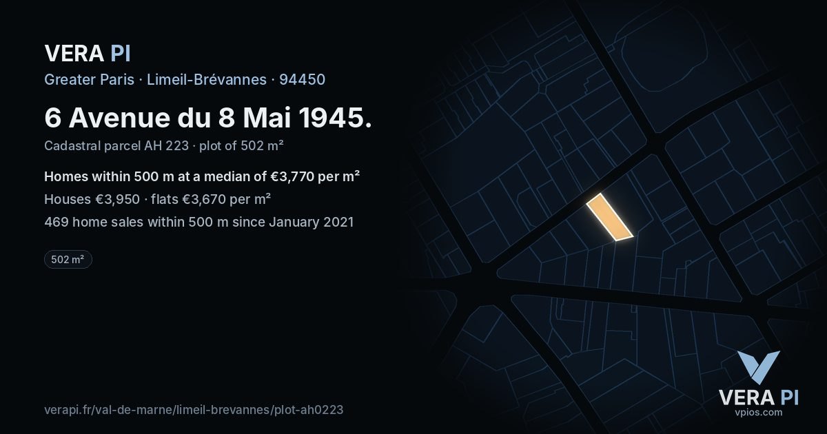 6 Avenue du 8 Mai 1945, Limeil-Brévannes at night – the plot lit, the parcels around coloured by the prices near them