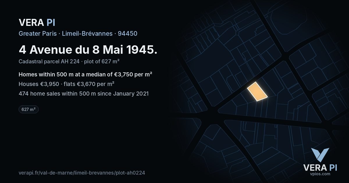 4 Avenue du 8 Mai 1945, Limeil-Brévannes at night – the plot lit, the parcels around coloured by the prices near them
