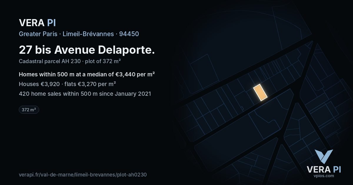 27 bis Avenue Delaporte, Limeil-Brévannes at night – the plot lit, the parcels around coloured by the prices near them