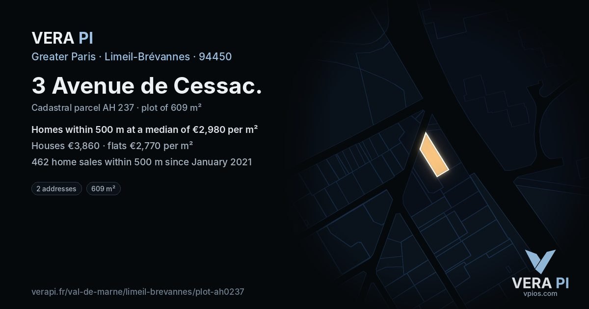 3 Avenue de Cessac, Limeil-Brévannes at night – the plot lit, the parcels around coloured by the prices near them