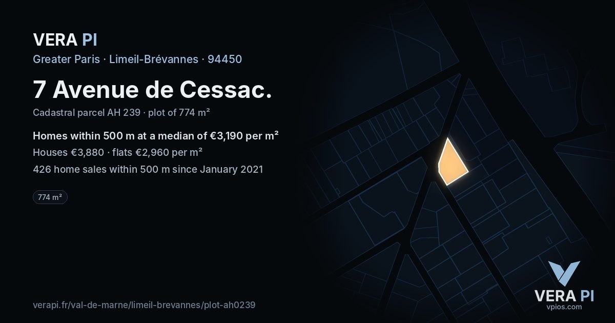 7 Avenue de Cessac, Limeil-Brévannes at night – the plot lit, the parcels around coloured by the prices near them