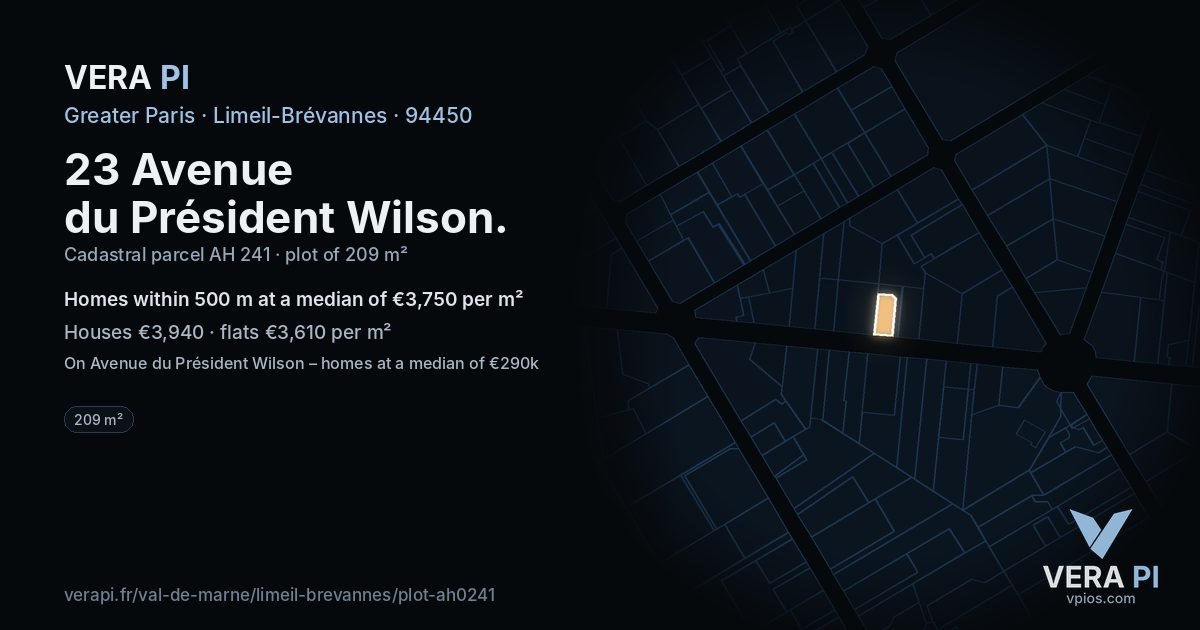 23 Avenue du Président Wilson, Limeil-Brévannes at night – the plot lit, the parcels around coloured by the prices near them