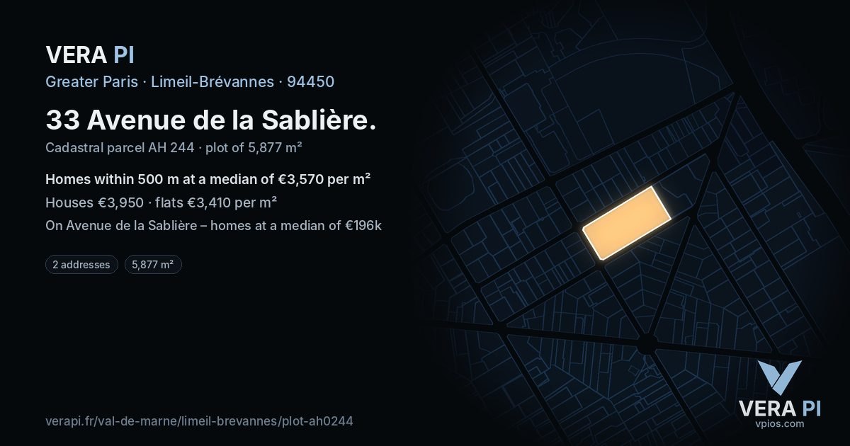 33 Avenue de la Sablière, Limeil-Brévannes at night – the plot lit, the parcels around coloured by the prices near them