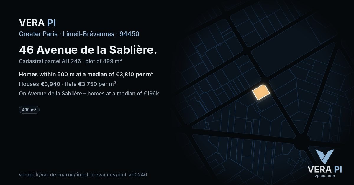 46 Avenue de la Sablière, Limeil-Brévannes at night – the plot lit, the parcels around coloured by the prices near them
