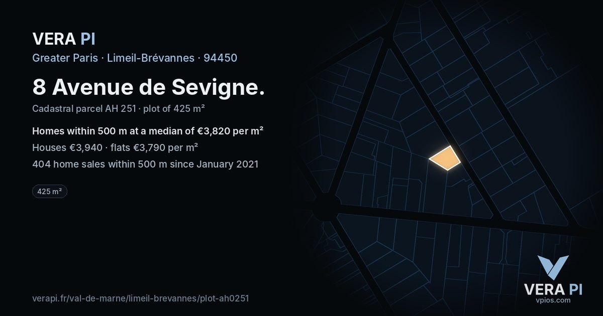 8 Avenue de Sevigne, Limeil-Brévannes at night – the plot lit, the parcels around coloured by the prices near them