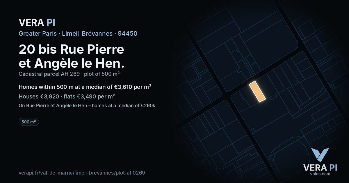 20 bis Rue Pierre et Angèle le Hen, Limeil-Brévannes at night – the plot lit, the parcels around coloured by the prices near them