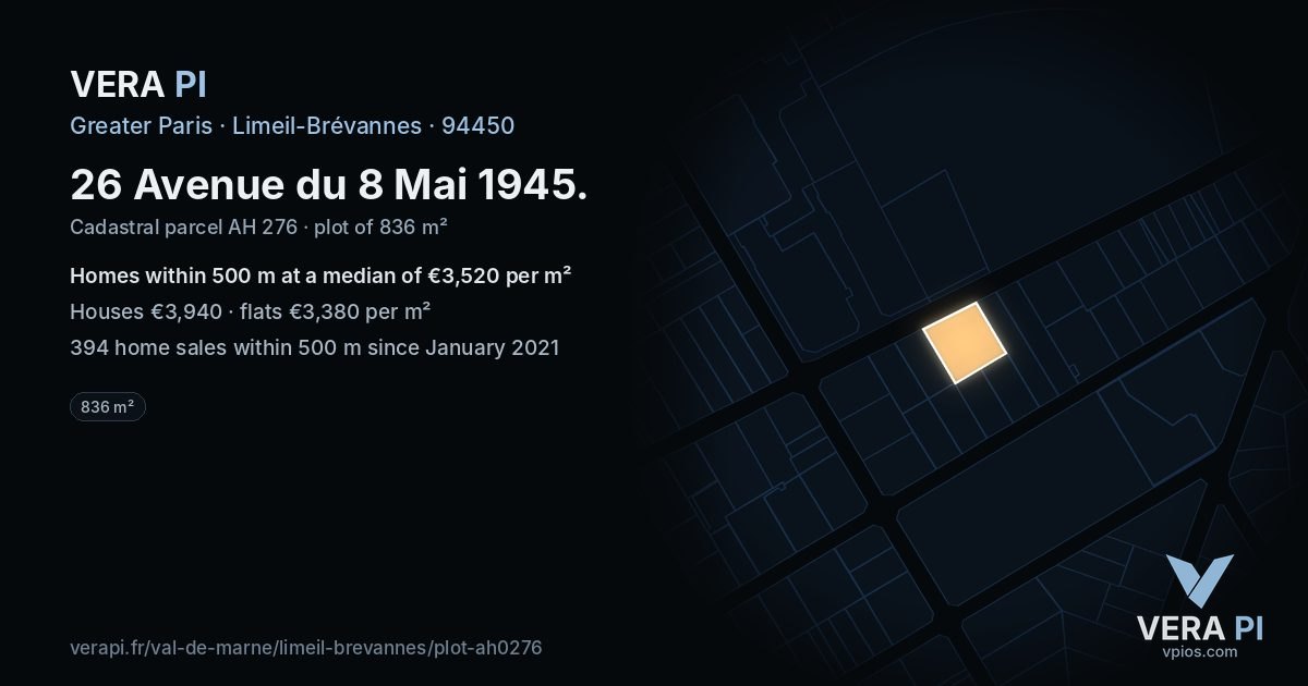 26 Avenue du 8 Mai 1945, Limeil-Brévannes at night – the plot lit, the parcels around coloured by the prices near them