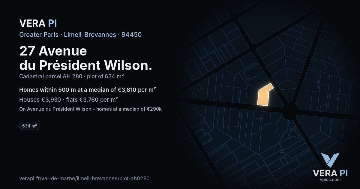 27 Avenue du Président Wilson, Limeil-Brévannes at night – the plot lit, the parcels around coloured by the prices near them