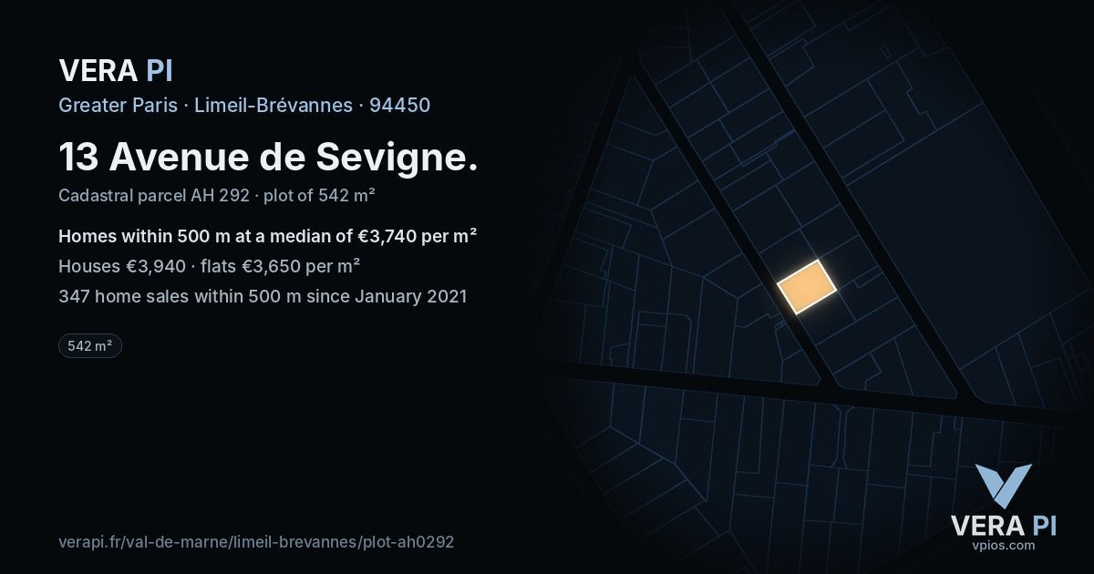13 Avenue de Sevigne, Limeil-Brévannes at night – the plot lit, the parcels around coloured by the prices near them