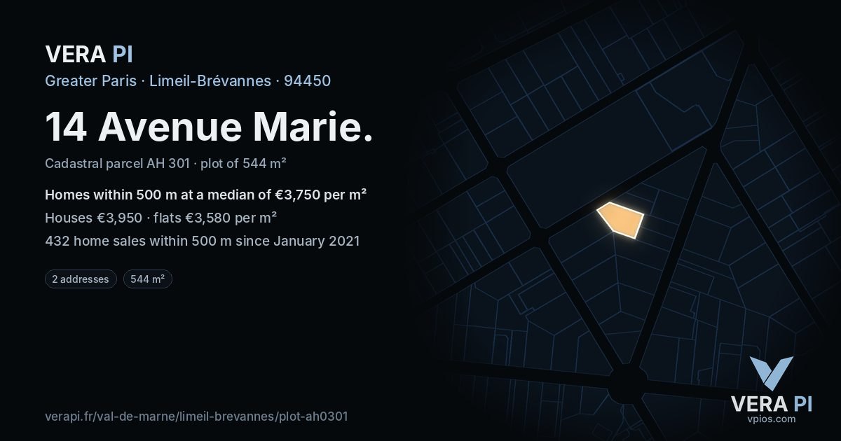 14 Avenue Marie, Limeil-Brévannes at night – the plot lit, the parcels around coloured by the prices near them