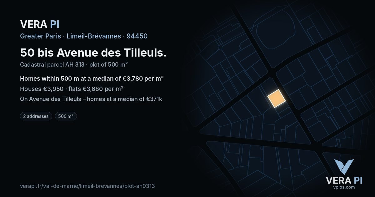 50 bis Avenue des Tilleuls, Limeil-Brévannes at night – the plot lit, the parcels around coloured by the prices near them
