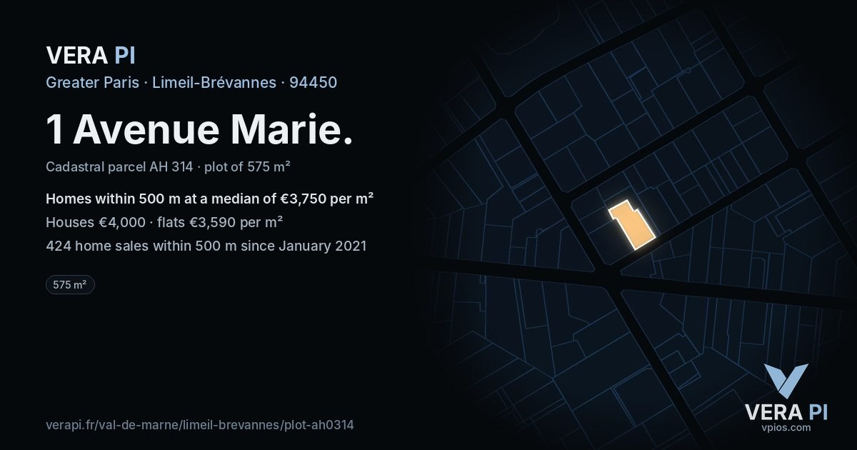 1 Avenue Marie, Limeil-Brévannes at night – the plot lit, the parcels around coloured by the prices near them