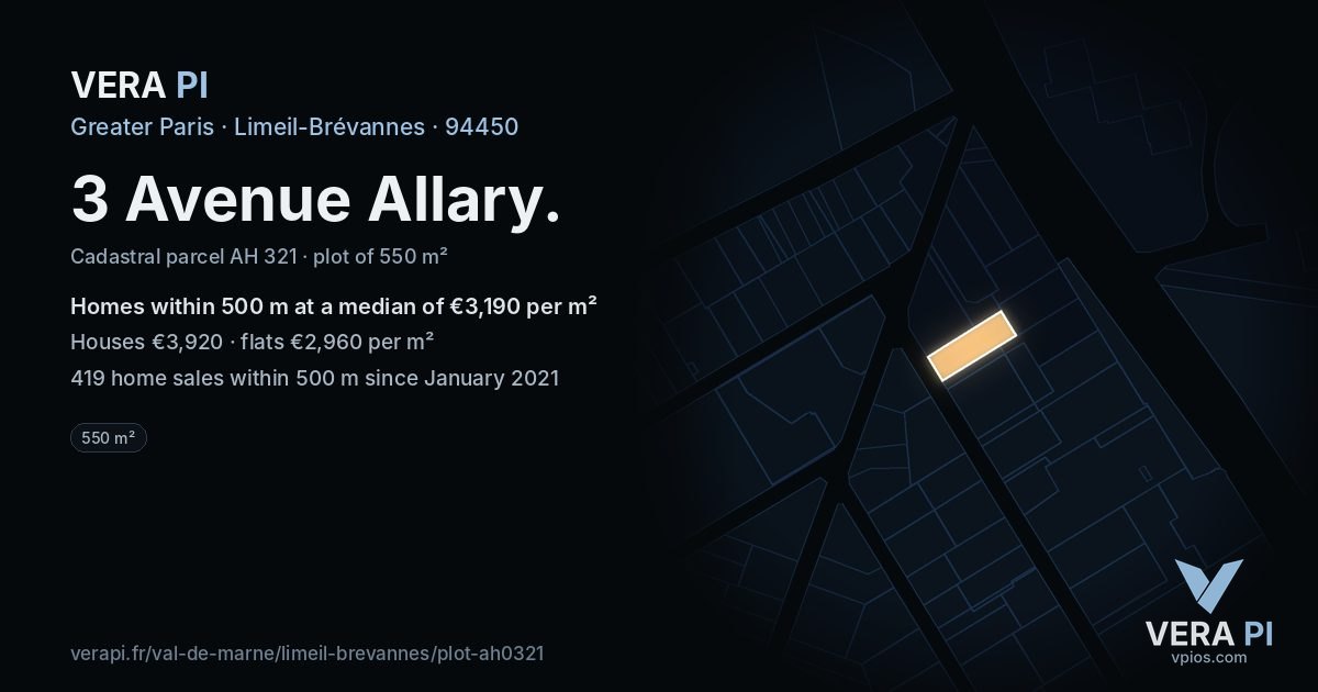 3 Avenue Allary, Limeil-Brévannes at night – the plot lit, the parcels around coloured by the prices near them