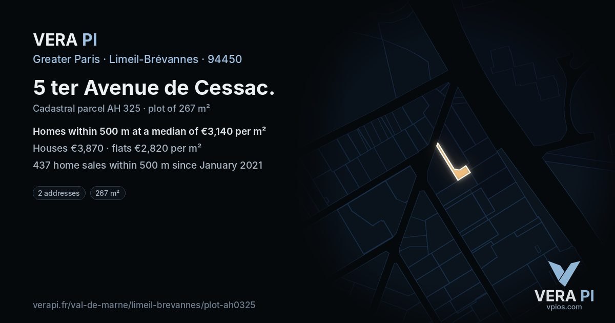 5 ter Avenue de Cessac, Limeil-Brévannes at night – the plot lit, the parcels around coloured by the prices near them