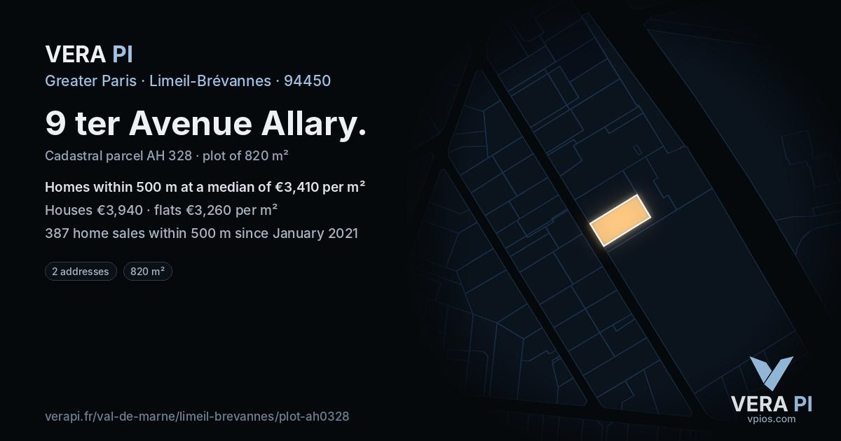9 ter Avenue Allary, Limeil-Brévannes at night – the plot lit, the parcels around coloured by the prices near them