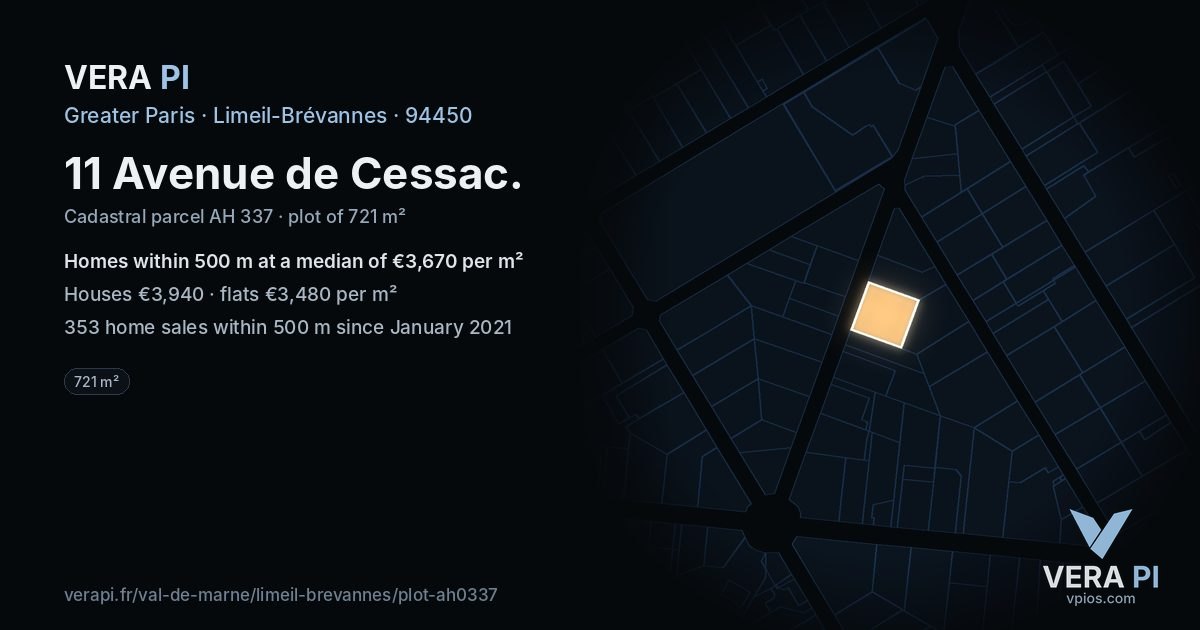 11 Avenue de Cessac, Limeil-Brévannes at night – the plot lit, the parcels around coloured by the prices near them