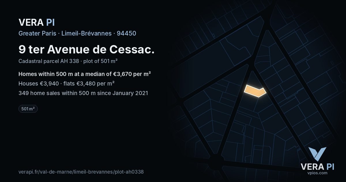 9 ter Avenue de Cessac, Limeil-Brévannes at night – the plot lit, the parcels around coloured by the prices near them