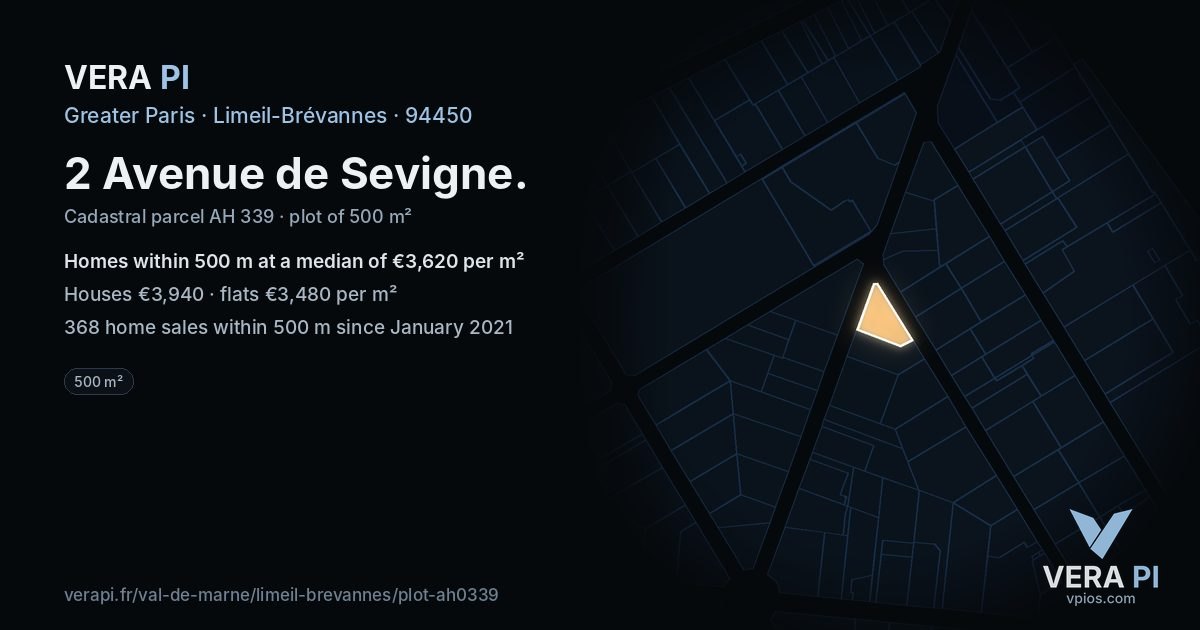 2 Avenue de Sevigne, Limeil-Brévannes at night – the plot lit, the parcels around coloured by the prices near them