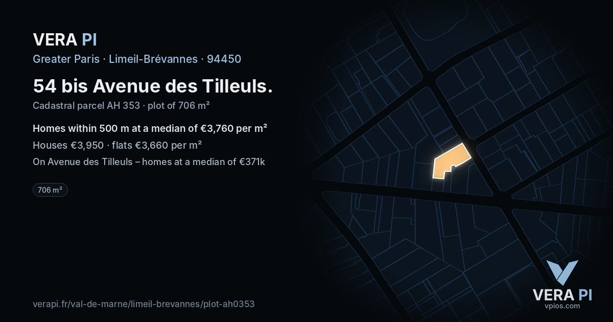 54 bis Avenue des Tilleuls, Limeil-Brévannes at night – the plot lit, the parcels around coloured by the prices near them