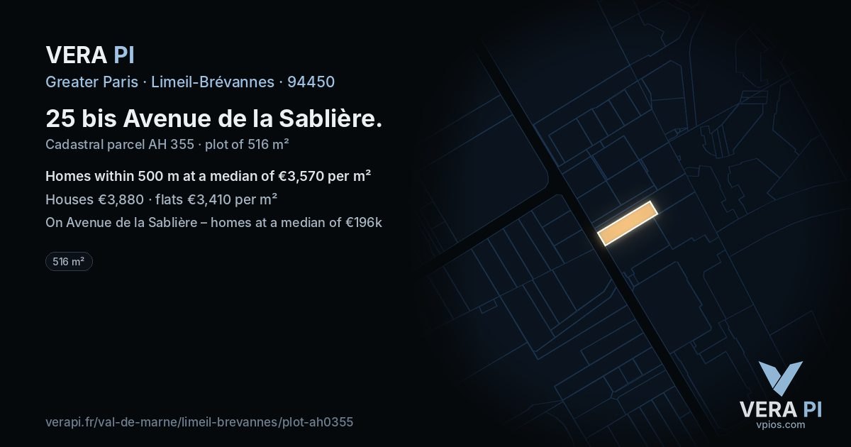 25 bis Avenue de la Sablière, Limeil-Brévannes at night – the plot lit, the parcels around coloured by the prices near them