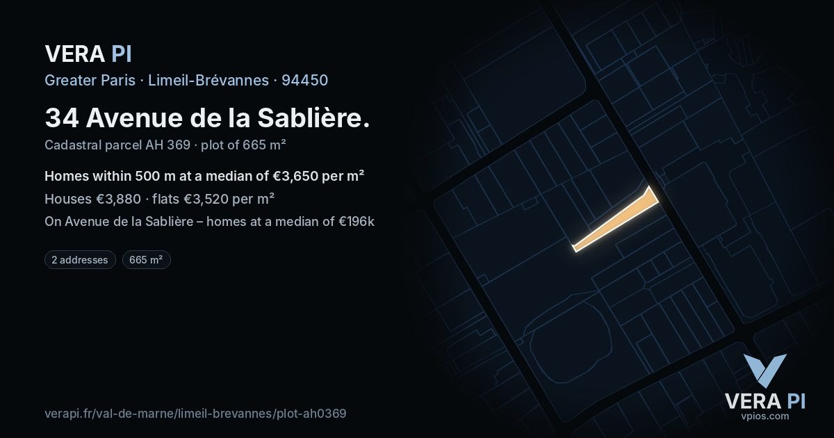 34 Avenue de la Sablière, Limeil-Brévannes at night – the plot lit, the parcels around coloured by the prices near them
