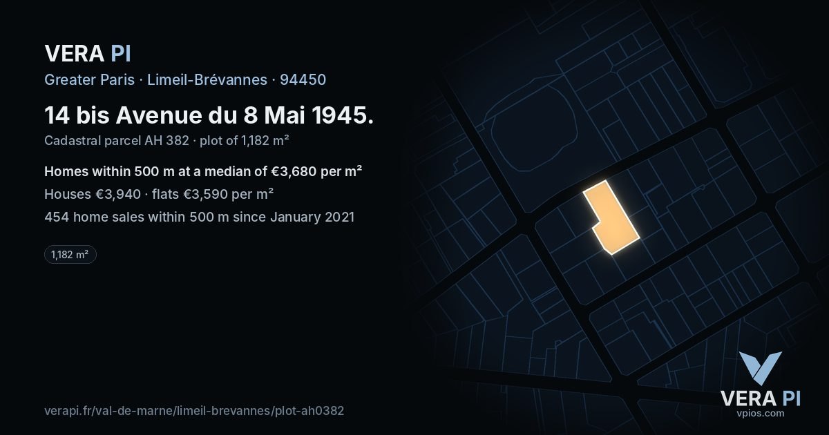 14 bis Avenue du 8 Mai 1945, Limeil-Brévannes at night – the plot lit, the parcels around coloured by the prices near them