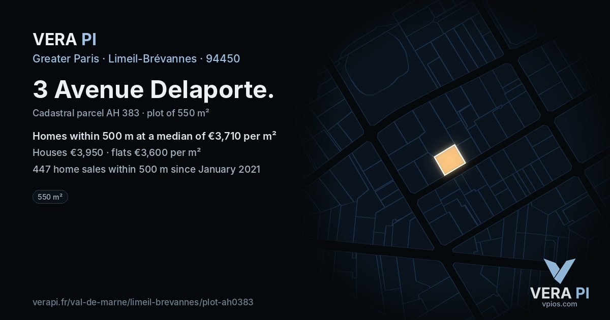 3 Avenue Delaporte, Limeil-Brévannes at night – the plot lit, the parcels around coloured by the prices near them