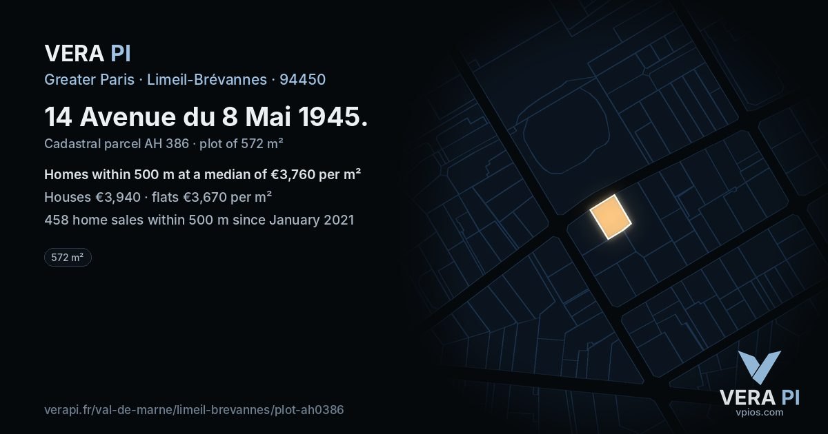 14 Avenue du 8 Mai 1945, Limeil-Brévannes at night – the plot lit, the parcels around coloured by the prices near them