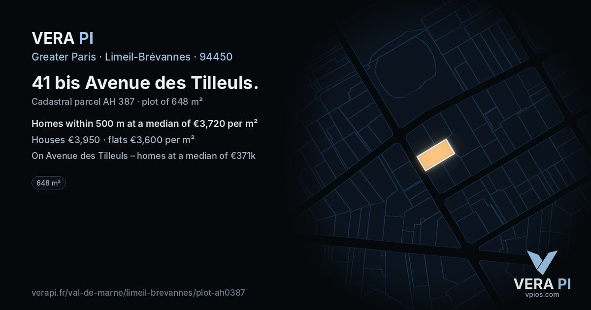 41 bis Avenue des Tilleuls, Limeil-Brévannes at night – the plot lit, the parcels around coloured by the prices near them
