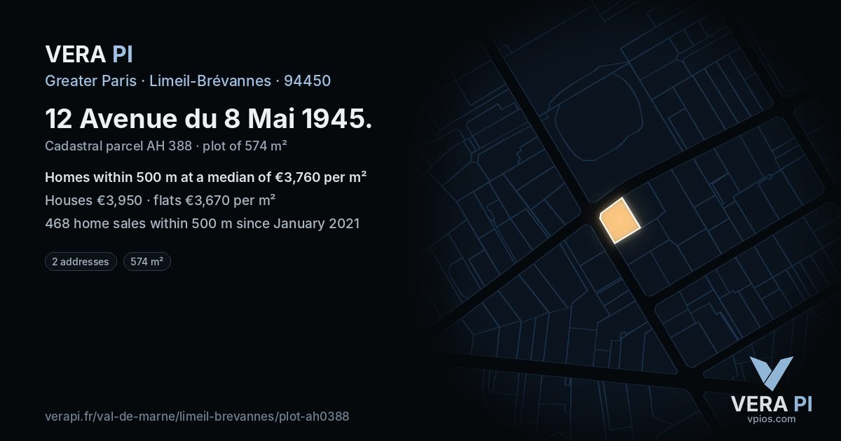 12 Avenue du 8 Mai 1945, Limeil-Brévannes at night – the plot lit, the parcels around coloured by the prices near them