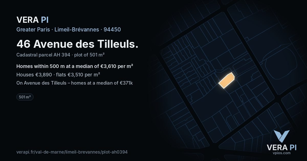 46 Avenue des Tilleuls, Limeil-Brévannes at night – the plot lit, the parcels around coloured by the prices near them