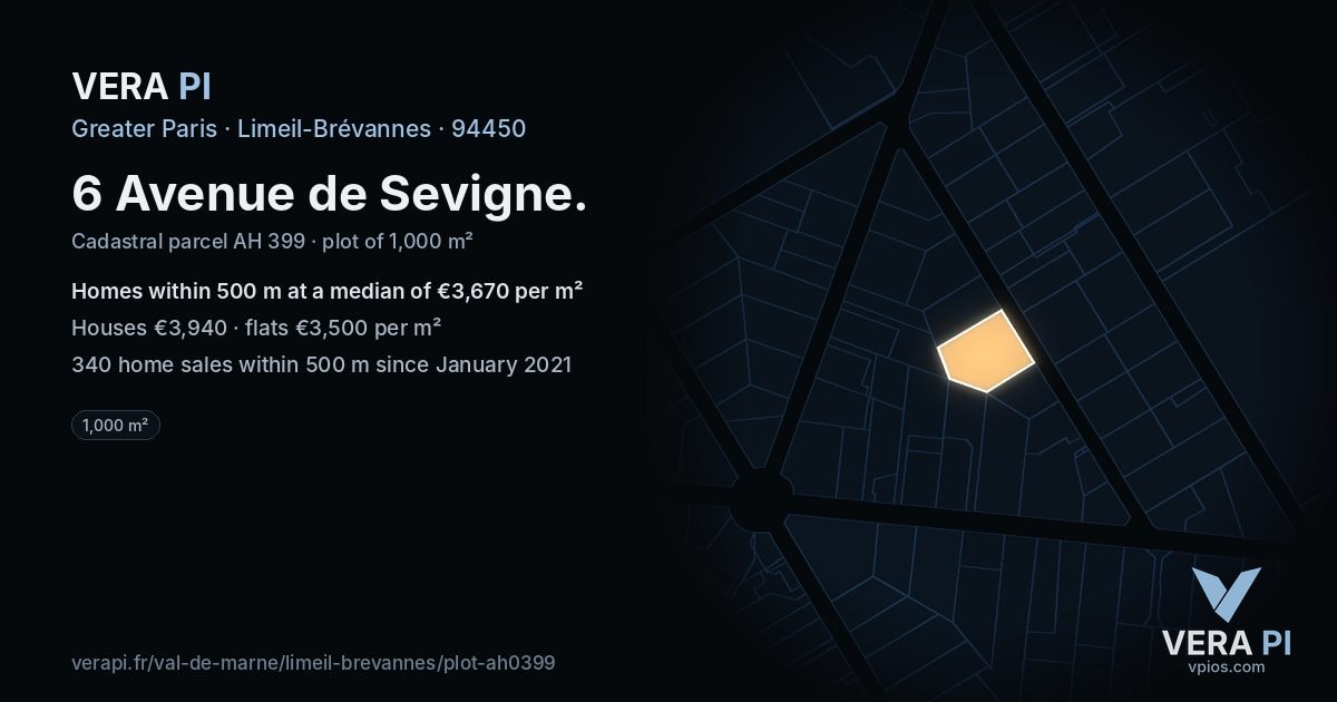 6 Avenue de Sevigne, Limeil-Brévannes at night – the plot lit, the parcels around coloured by the prices near them