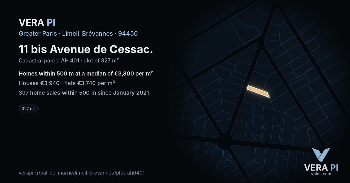 11 bis Avenue de Cessac, Limeil-Brévannes at night – the plot lit, the parcels around coloured by the prices near them