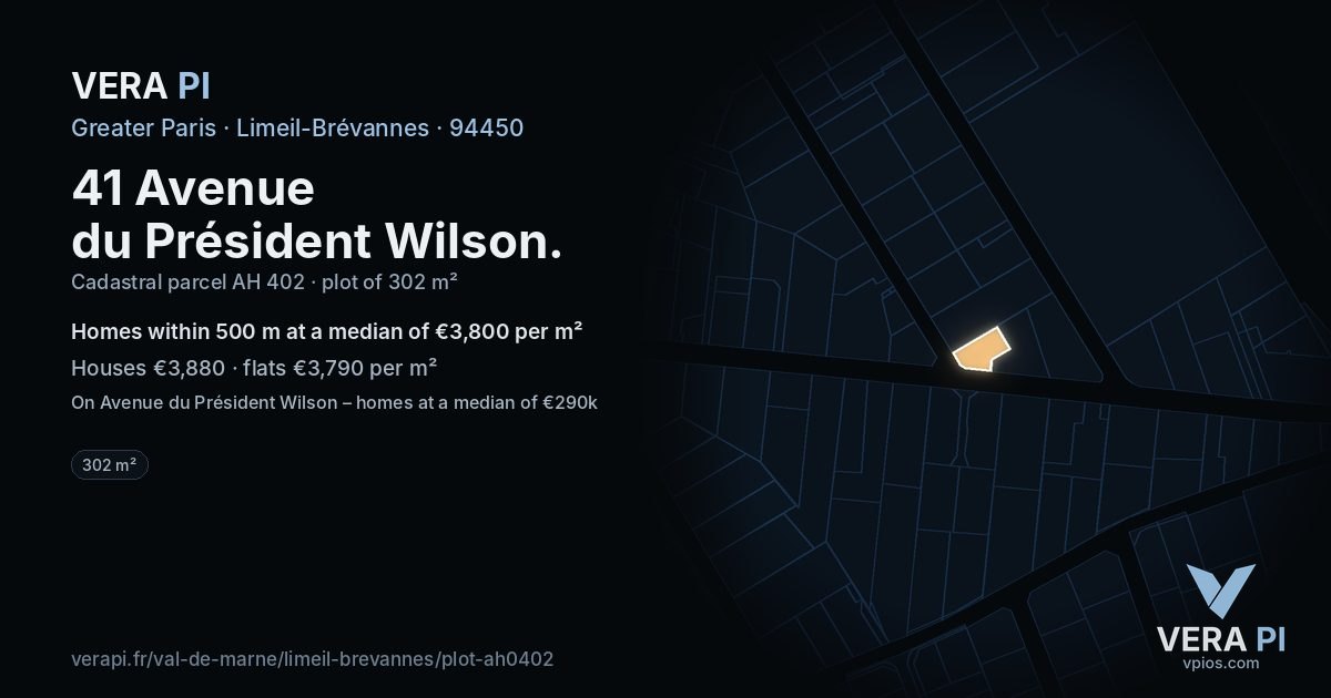 41 Avenue du Président Wilson, Limeil-Brévannes at night – the plot lit, the parcels around coloured by the prices near them